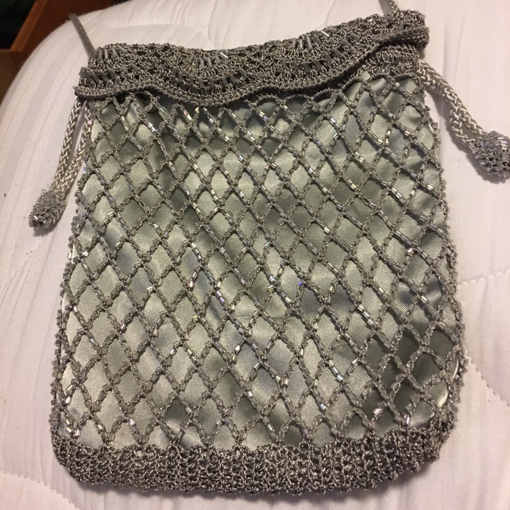 Gray Satin Crochet Beaded evening bag